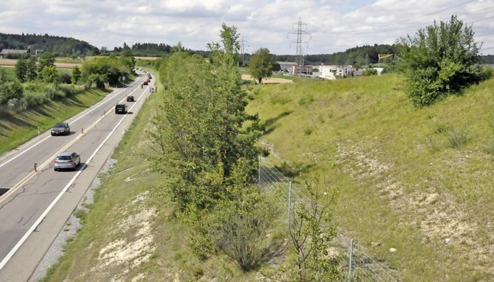 Schön ist er nicht, der Erdwall bei Hettlingen (im Hintergrund das Industriegebiet) und Adlikon – aber kampflos wollen ihn die Gemeinden trotzdem nicht aufgeben. Bild: M. Gasser