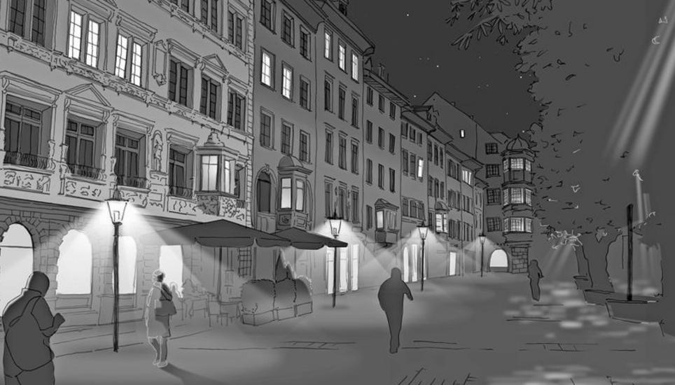 In der Vordergasse werden Altstadtkandelaber, die es bereits auf dem Fronwagplatz gibt, die aktuelle Hängeleuchte ersetzen. Zudem wird die Fassade des Hauses «Zum Sittich» neu dezent ausgeleuchtet. Bild: zvg