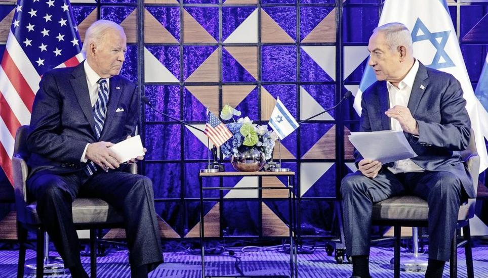 FILE - U.S. President Joe Biden, left, meets with Israeli Prime Minister Benjamin Netanyahu, right, to discuss the the war between Israel and Hamas, in Tel Aviv, Israel, on Oct. 18, 2023. U.S. and Mideast mediators appeared optimistic in recent days that 