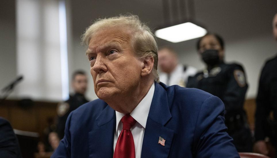 epa11310216 Former US President Donald Trump awaits the start of proceedings of his criminal trial at the New York State Supreme Court in New York, New York, USA, 30 April 2024. Trump is facing 34 felony counts of falsifying business records related to pa