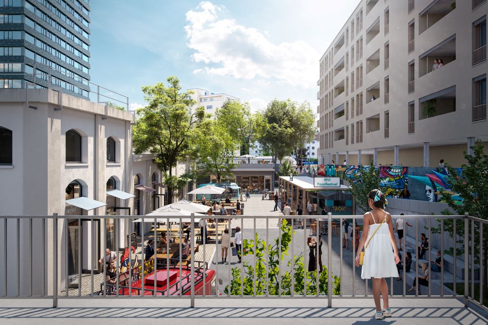 ​ Der geplante Begegnungsort mit Restaurants, Cafés und einem belebten (Markt)platz. Visual: Raumgleiter
