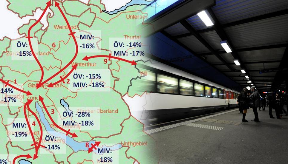 Die Karte zeigt, wie stark die Morgenspitzen im öffentlichen Verkehr (ÖV) und auf der Strasse (motorisierter Individualverkehr, MIV) gebrochen werden können. Grafik Metropolitankonferenz Zürich