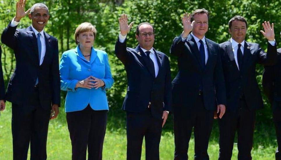 Tschüss! Obama, Hollande, Cameron und Renzi nehmen den Hut. Merkel hat noch nicht genug. Bild: apa