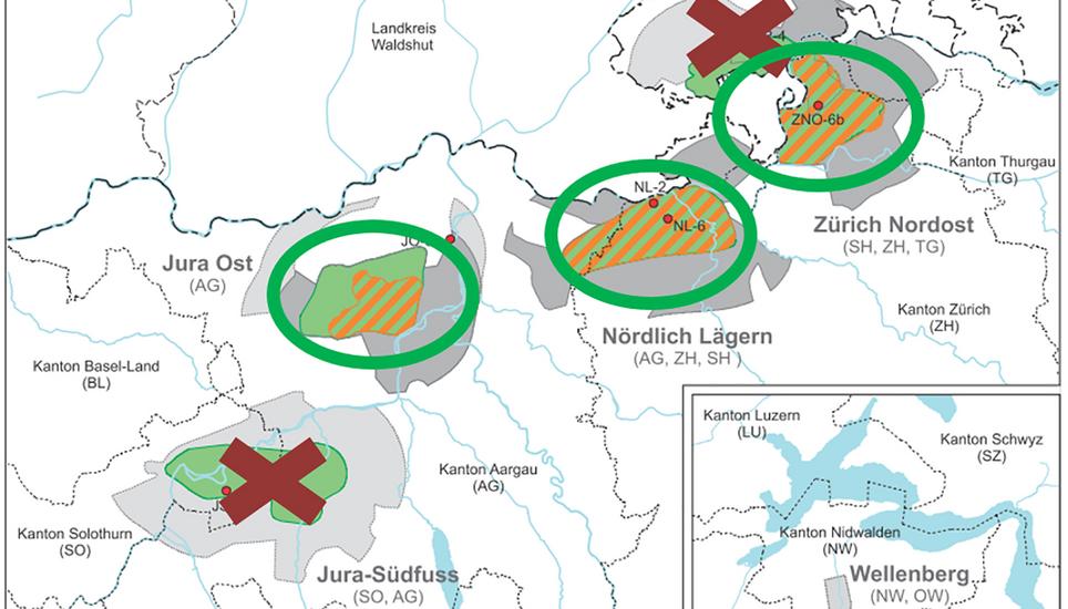 Diese drei Standorte werden weiterhin in Betracht gezogen. Grafik: ENSI