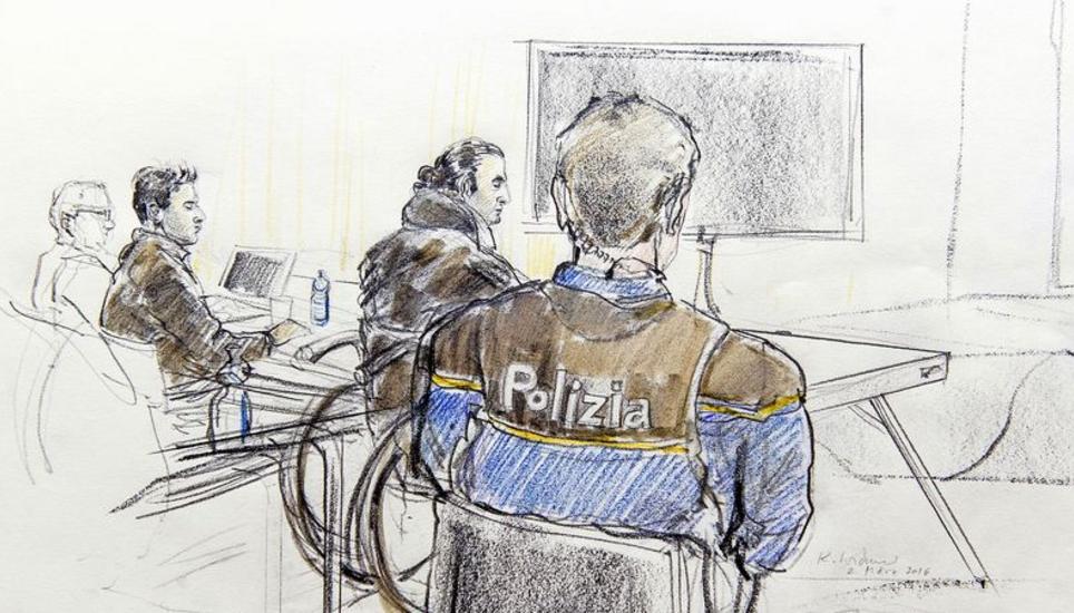 Osamah M. (im Rollstuhl) bei einer Verhandlung vor dem Bundesstrafgericht in Bellinzona. Bild: Key
