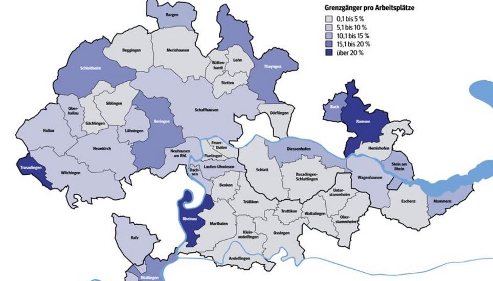 Die Karte zeigt, wie viele Grenzgänger auf wie viele Arbeitplätze pro Gemeinde kommen. Bild: Graphik SN