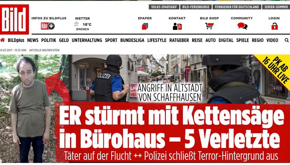 Die Online-Ausgabe der deutschen «Bild»-Zeitung hatte den Angriff prominent zuoberst auf ihrer Seite platziert. Heute gehörte der «Kettensägen-Mann» und die Frage, ob er nach Deutschland geflohen ist, zwar noch zu den Top-News-Geschichten, war auf der Seite aber weit nach unten gerutscht.