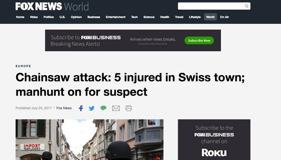 Der amerikanische Sender Fox News räumte dem Kettensägen-Angriff ebenfalls grossen Platz ein. Schaffhausen kam allerdings nicht im Titel vor – es war lediglich die Rede von einer «Schweizer Stadt».