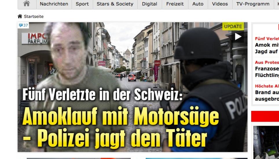 Die österreichische Kronenzeitung brachte die Geschichte ebenfalls auf ihrer Startseite. Die Rede war von einem «Amoklauf mit Motorsäge». Heute ist der Angriff ebenfalls nach unten gerutscht, heute geht es darum, dass die Polizei den «Waldmensch» jage.