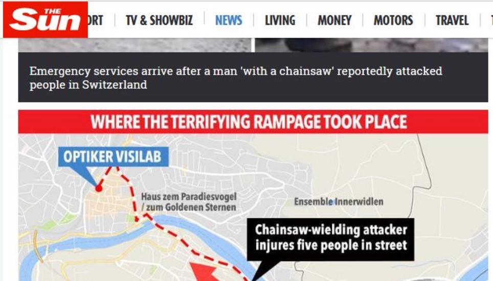 «The Sun» zeichnete eine Karte und zeigte, wo der «entsetzliche Amoklauf» stattgefunden haben soll. Viel stimmt darauf allerdings nicht gerade.