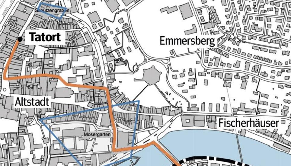 Spürhunde verfolgten den Täter in Richtung Rhein (Pfad rot markiert). Zwei Zonen hat die Polizei intensiv durchsucht (blau).