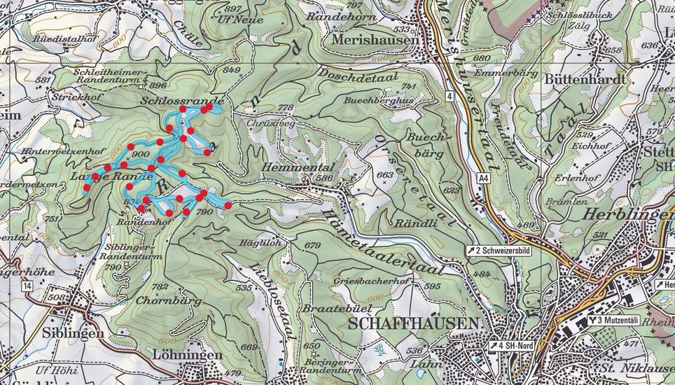 Die Loipen auf dem Randen. Screenshot: www.schweizmobil.ch