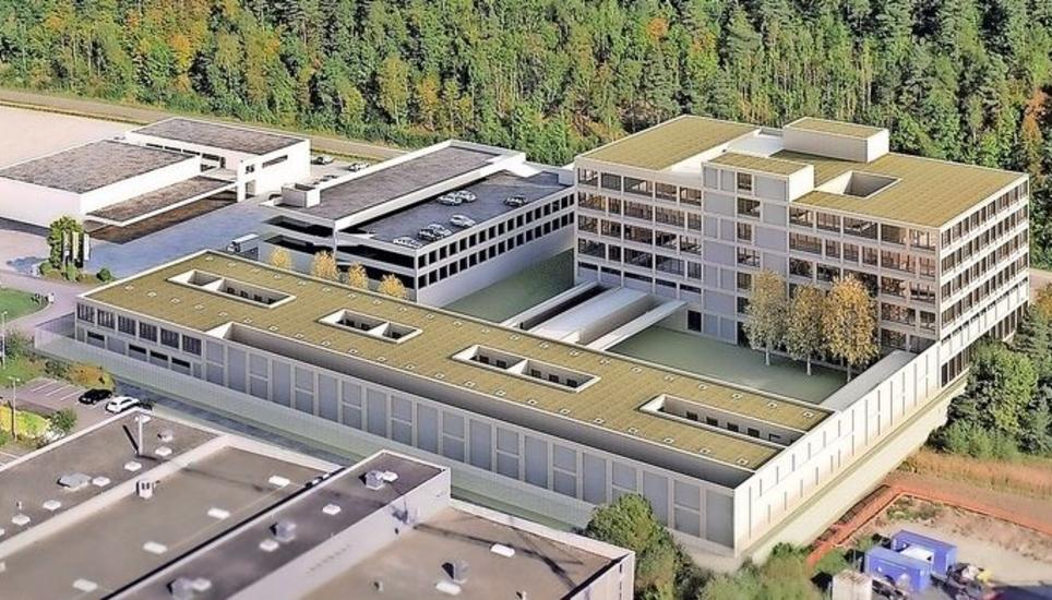 So soll das im Jahr 2024 fertig gebaute Polizei- und Sicherheitszentrum auf dem Solenberg aussehen (inklusive Strassenverkehrsamt oben links). Visualisierung: zvg