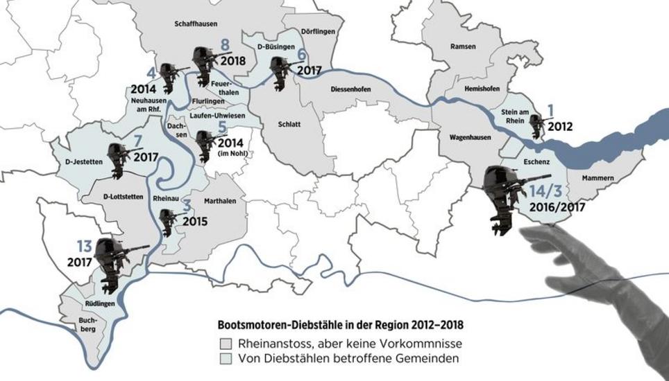 Übersicht über die zwischen 2012 und 2018 am Rheinufer gestohlenen Bootsmotoren nach Gemeinde. Nicht dabei ist Eglisau, wo 2014 elf Motoren gestohlen wurden. Grafik: SN
