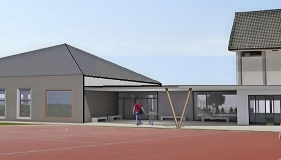 Die neue Halle mit Spitzdach (im Bild links) und die bestehende Turnhalle sind durch ein Zwischendach miteinander verbunden. Visualisierung Schmidli Architekte