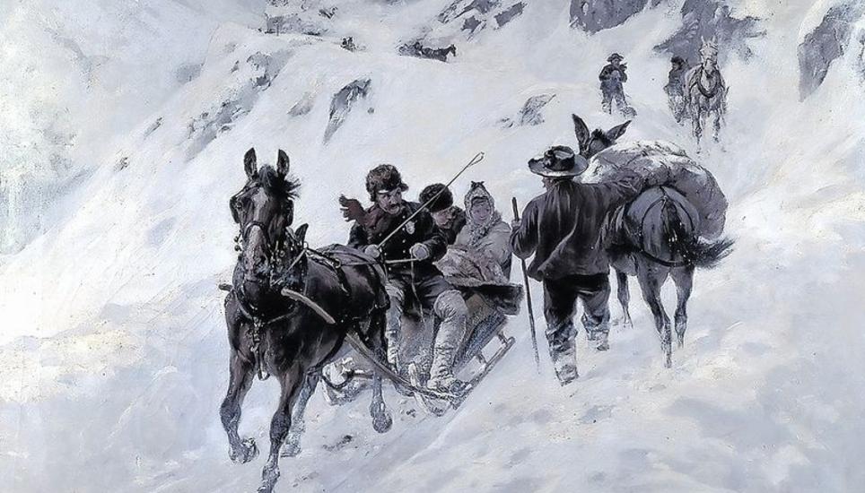 Die Gotthardpost im Winter, Ölgemälde, 1892. Touristen in den Alpen hatten es anno dazumal beschwerlich. Bild: ZVG