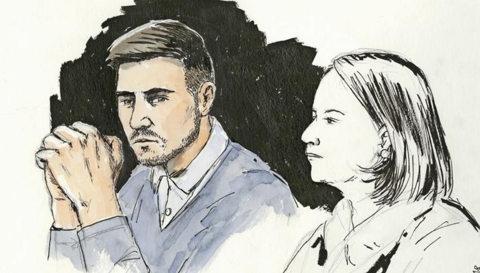 Thomas N. (links) und Pflichtverteidigerin Renate Senn bei der gestrigen Urteilsverkündung zum Vierfachmord von Rupperswil im Bezirksgericht Lenzburg in Schafisheim. Zeichnung: Key