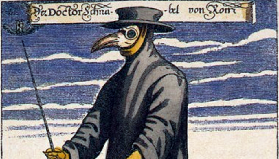Ein «Pestdoktor» mit einer Schnabelmaske, die mit Kräutern und Flüssigkeiten gegen die Pest gefüllt war. Bild: Wikimedia