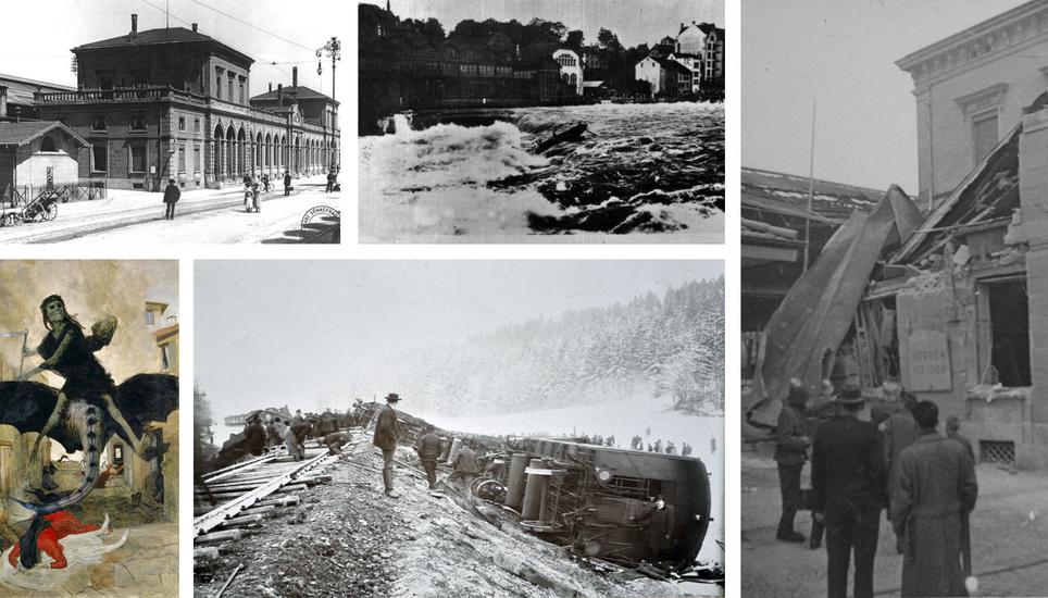 Würden Sie die grössten Katastrophen und Unglücke in Schaffhausen überleben? Bilder: Stadtarchiv SH/Wikimedia - Montage: SHN (RD)