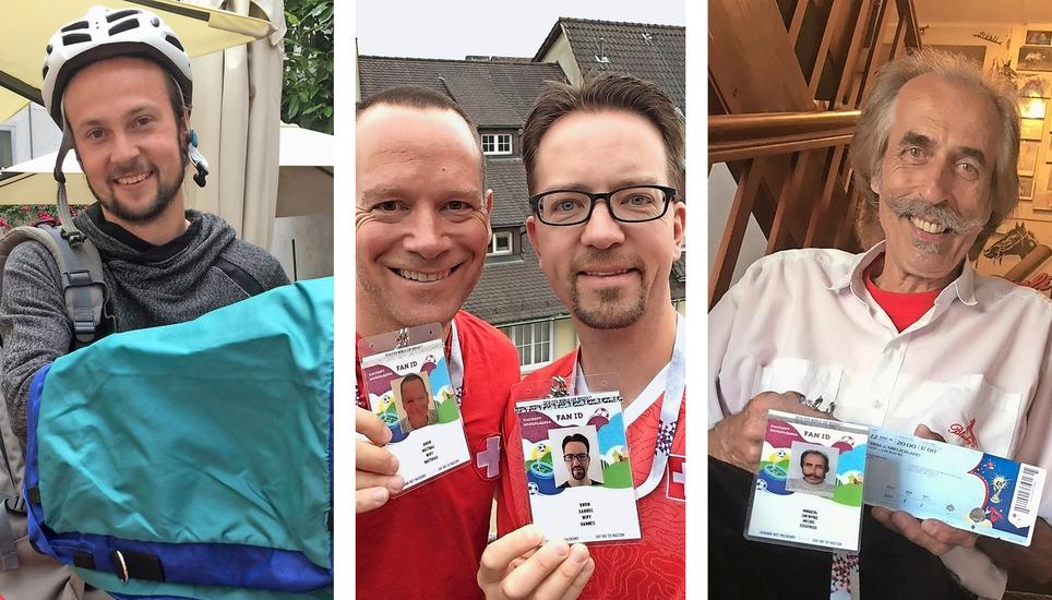 Andy Jucker mit Tasche, aber noch ohne Velo, Die Gebrüder Wipf mit Fan-IDs und Fan-Ikone Sigi Michel in Langwiesen mit seiner Sammlung WM-Trompeten. Bilder: Mark Gasser/zvg