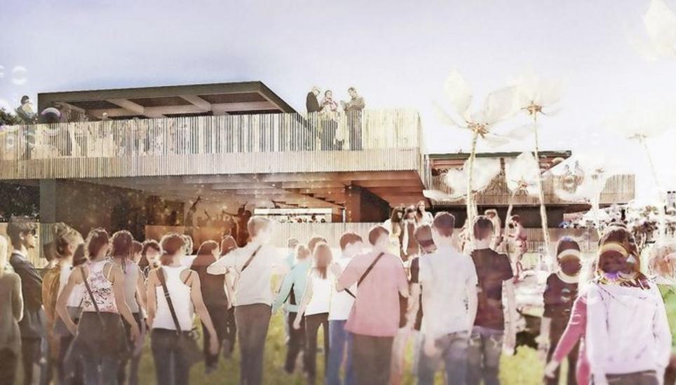 Etwa so wird der Hospitality-Bereich am diesjährigen «Stars in Town» aussehen: Die provisorische Baute wird mit dem Holzelementbausystem der neu gegründeten Schaffhauser Firma Agoora erstellt. Visualisierung: Dost Architektur