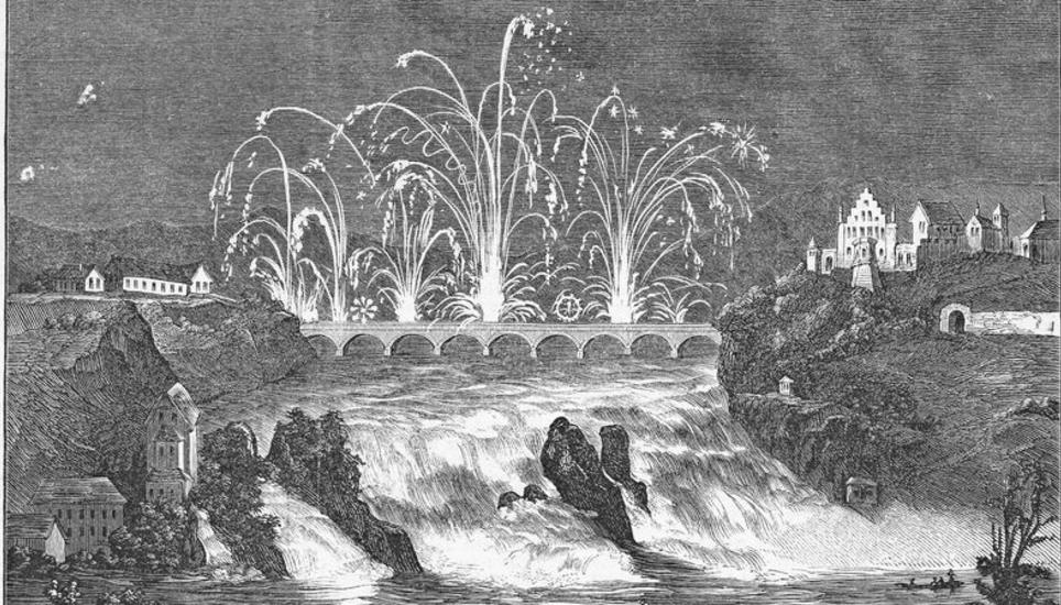 Der Zeitungsausschnitt aus der Sammlung des Museums zu Allerheiligen zeigt ein Feuerwerk am Rheinfall anlässlich der Einweihung der Rheinfallbahn 1857. Es ist das erste belegte Feuerwerk am Neuhauser Wasserfall. Bild: zvg
