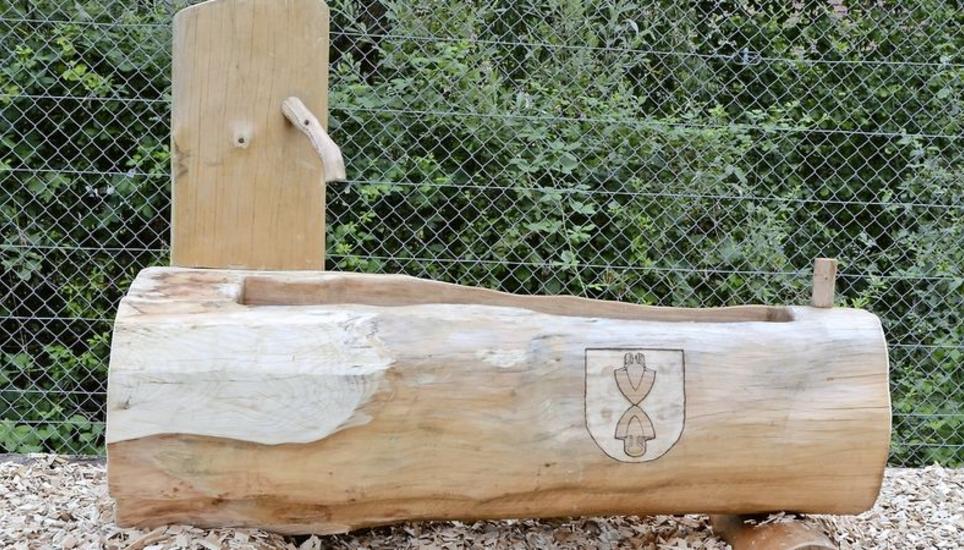 Dieser extra hergestellte Holzbrunnen mit dem Gemeindewappen von Beggingen ist das Prunkstück des Kantonalschwingfestes. Bild: Isabelle Hallauer