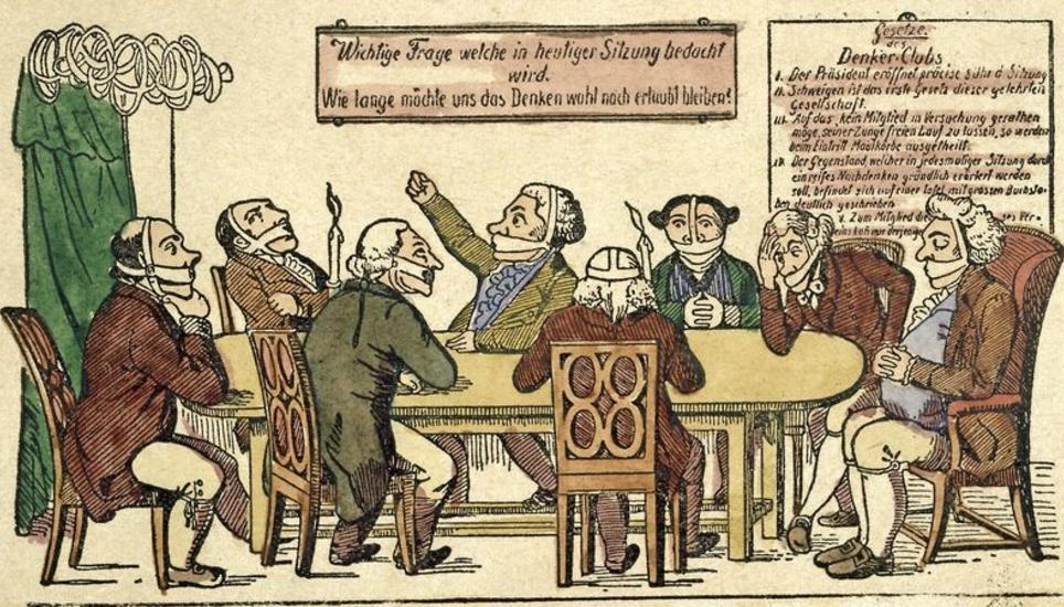 Die neue Verordnung schränkt die Bürger in ihrer Meinungsbildung wie in früheren Zeiten ein: Karikatur «Der Denkerclub», 1820. Bild: Key