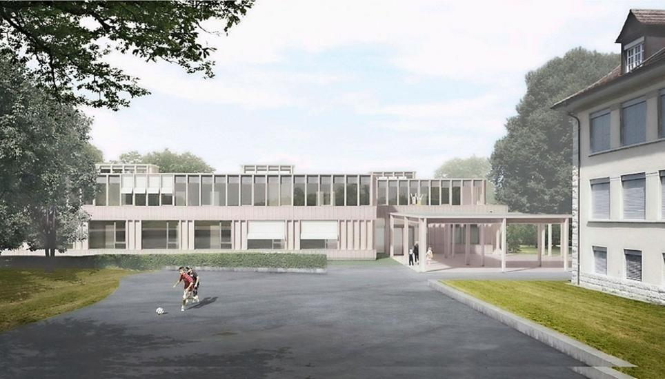 Flexible Räume und tiefere Betriebskosten soll das neue Schulhaus (l.) bieten. Bild: zvg