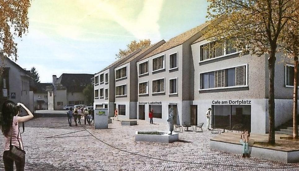 Die Häuserfront zum Oberdorf hin soll leicht gestaffelt werden und den früher für das Dorfzentrum typischen Bauspiel modern interpretieren. Visualisierung: Moss.Giuliani.Hermann