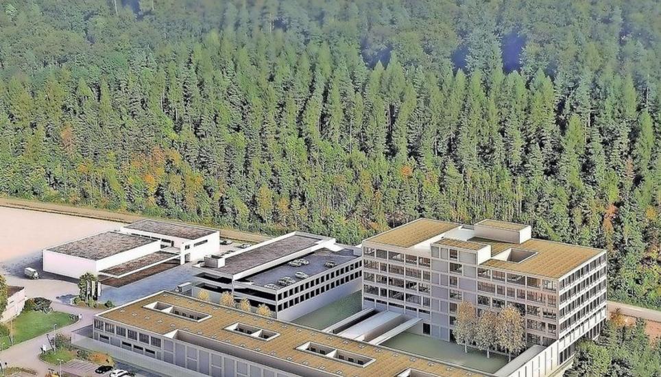 So sollen das Polizei - und Sicherheitszentrum und das Strassenverkehrsamt (hinten links) im Stadtteil Herblingen dereinst aussehen. Geplanter Bezugstermin: 2024. Visualisierung: Hochbaumat SH