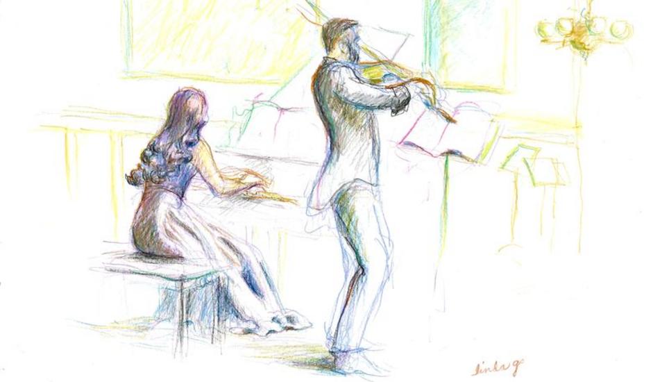 Ahmed Pyshtiyev (Violine) und Marina Vasilyeva (Klavier) tupften Maurice Ravels Sonate für Violine und Klavier als leichtes Klanggemälde ins Ohr des Publikums. Bild: Linda Graedel