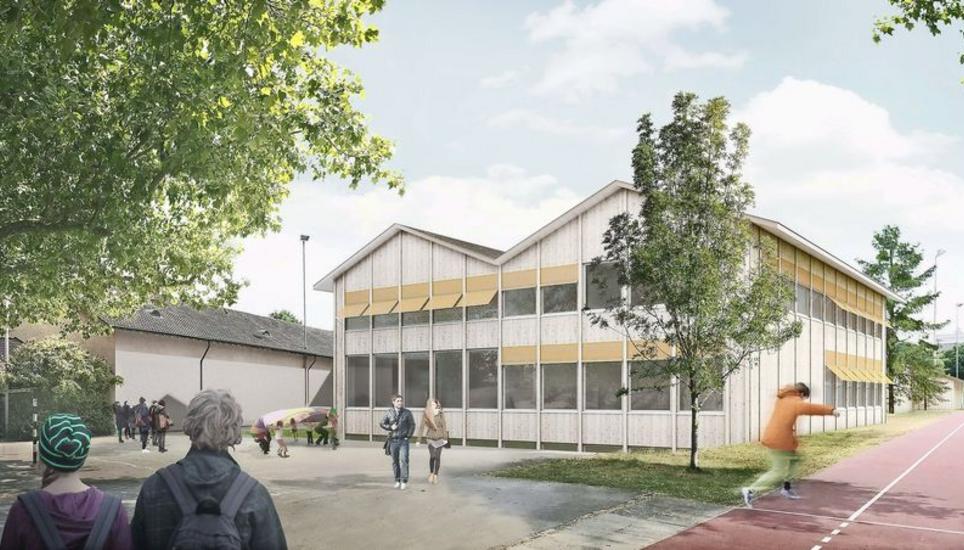 Die geplante Schulhauserweiterung soll ein Doppelgiebeldach erhalten. Links ist die 2017 sanierte Sporthalle Kreuzgut zu sehen. Visualisierung Stadt Schaffhausen