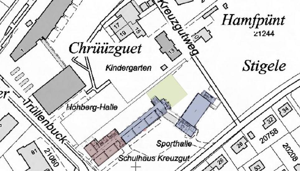 In den nächsten Jahren soll das Schulhaus Kreuzgut in Herblingen saniert und erweitert werden: Blau markiert die Bauten von 1954, Rot markiert die Erweiterung von 1984, Grün den geplanten Anbau. Karte Gis Kanton Schaffhausen/SN