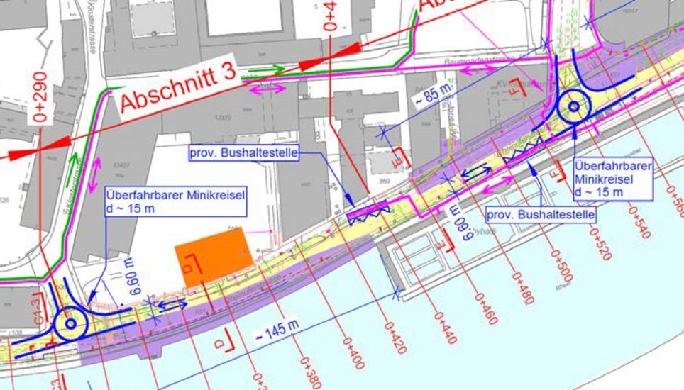 Während der Bauzeiten werden überfahrbare Mini-Kreisel erstellt und bei den Verkehrsknoten Klosterstrasse und Bachstrasse eingesetzt. Denn eine herkömmliche Verkehrsregelung mittels Lichtsignal-Anlage würde gemäss Stadt zu einem «Verkehrskollaps» führen.