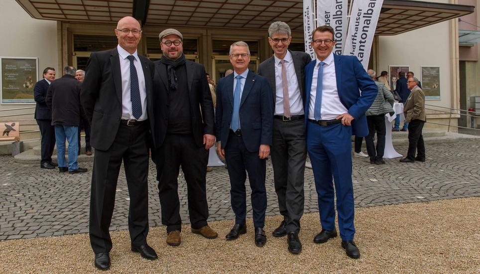 Die Referenten v.l.n.r. Stefan Klaiber, Schaffhauser Kantonalbank, Dominic Meister, Dost Architektur, Rainer Hüttenberger, Sto-Konzern, Donato Scognamiglio, IAZI, Werner Gut, Schaffhauser Kantonalbank. Bild: zvg