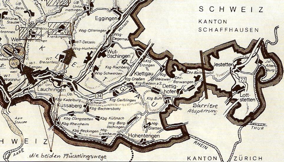 Diese alte Karte - abgedruckt im Jahr 1997 im Schaffhauser Magazin - zeigt die Barriere beim Jestetter Zipfel und die Routen der «Flüchtlinge».