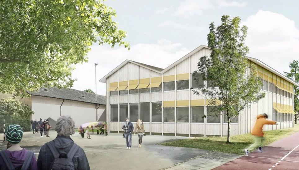 Das Schulhaus Kreuzgut soll im Osten erweitert werden und ein Doppelgiebeldach erhalten. Visualisierung: Stadt Schaffhausen