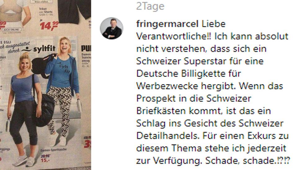 Mit diesem Kommentar beschwerte sich der Schaffhauser FDP-Nationalratskandidat Marcel Fringer beim Schweizer Schlagerstar. Bild: Instagram / Montage: OPP