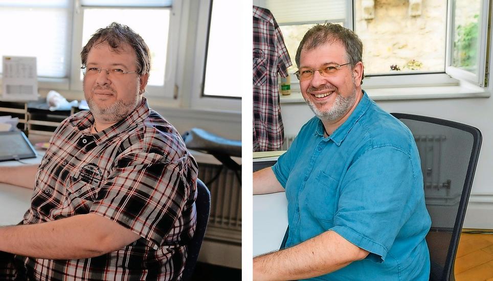 Michael Mäder (links) im Frühling 2017: Damals wog er 148 Kilogramm. Heute (rechts) bringt er rund 30 Kilogramm weniger auf die Waage. Bilder: Selwyn Hoffmann/Michael Kessler