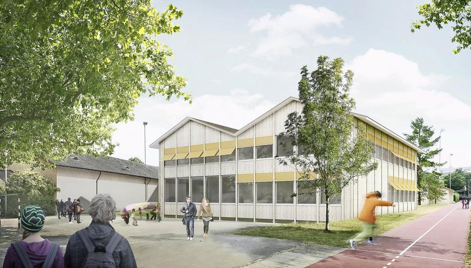 So soll das sanierte und erweiterte Schulhaus «Kreuzgut» aussehen. Im Vordergrund der Erweiterungsbau. Visualisierung: zvg