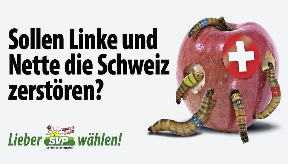 SVP-Wahlkampf 2019: Der Schweizer Apfel wird von Würmern diverser Couleur angegriffen. Mit diesem Motiv sorgt die Volkspartei innerhalb und ausserhalb der eigenen Reihen derzeit für viel Empörung. Bild: zvg