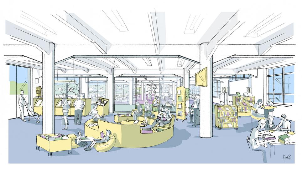 Die Bibliothek würde zu den Bedürfnissen der Kammgarn passen. Visualisierungen: zvg
