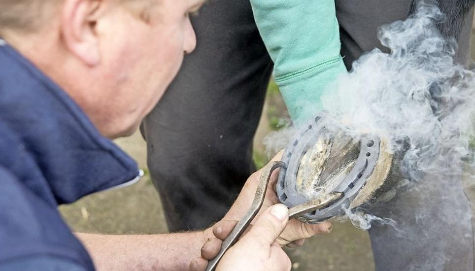 Danach wird es auf den Huf «gebrannt», um die Passform zu überprüfen.