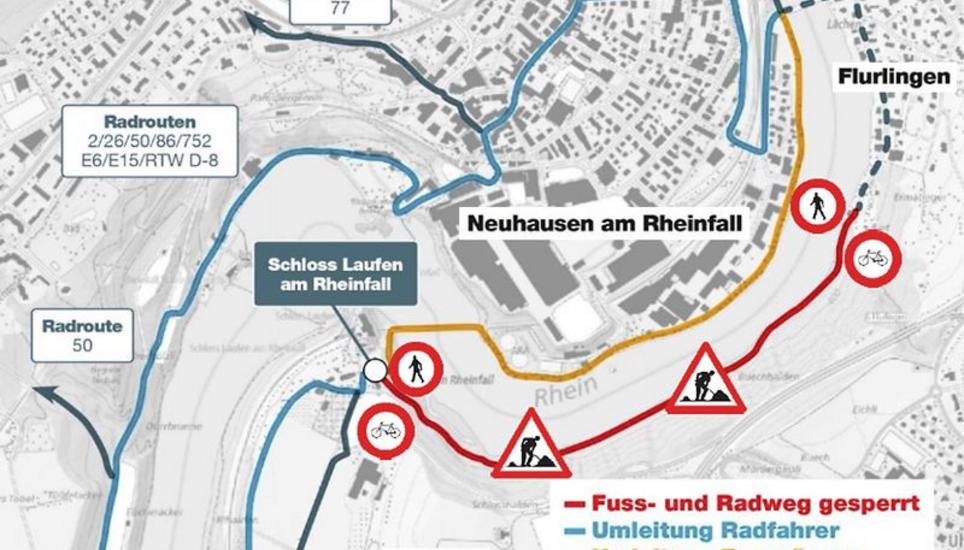 Die Radwegsituation am Rheinfall ist komplex. Umwege sind zu lang und unattraktiv. Bild: zvg