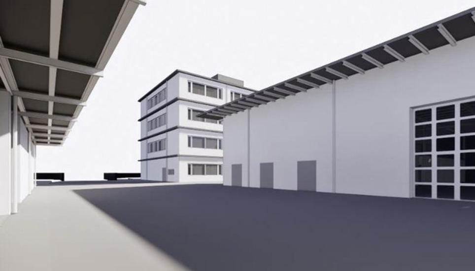 Die Visualisierung, die auch im Abstimmungsbüchlein der Stadt zu sehen ist, zeigt den Baukörper des neuen SH-Power-Werkhofs. Visualisierung: Stadt Schaffhausen