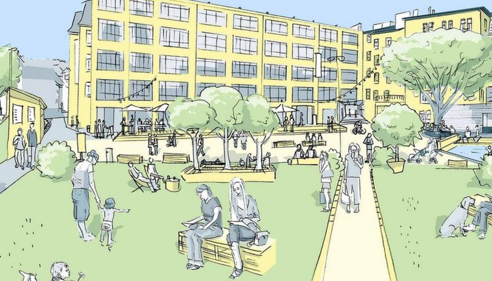 Hof statt Parkplatz: So soll sich die Kammgarn dereinst präsentieren. Visualisierung: Stadt Schaffhausen