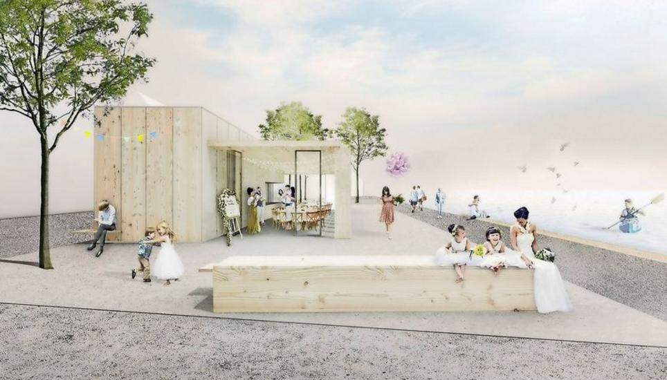 So stellt sich die Stadt das neue Restaurant am Rhein auf der Höhe des Lindli-Huus vor. Visualisierung: Stadt Schaffhausen