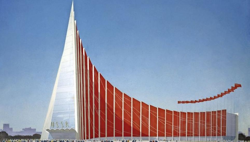 Mikhail Posokhin: Projekt für einen Pavillon der UdSSR an der Weltausstellung in Osaka, Japan, 1970. Der Pavillon wurde in ganz ähnlicher Form realisiert. Bild© Shchusev State Museum of Architecture Collection