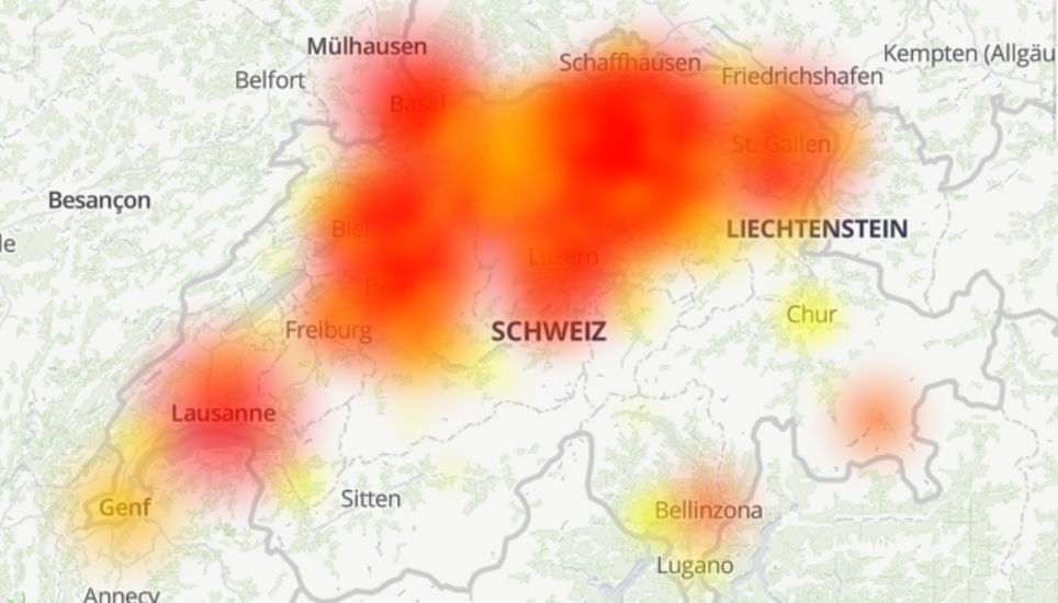 Grossflächige Störung: In vielen Gegenden der Schweiz funktionierte der Dienst der Swisscom gar nicht mehr. Grafik: allestörungen.ch